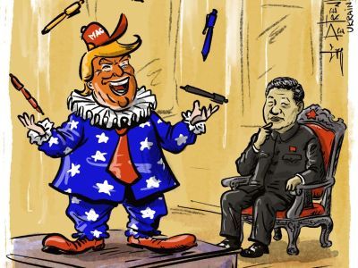Веселый танец Трампа перед Си. Карикатура А.Петренко: t.me/PetrenkoAndryi